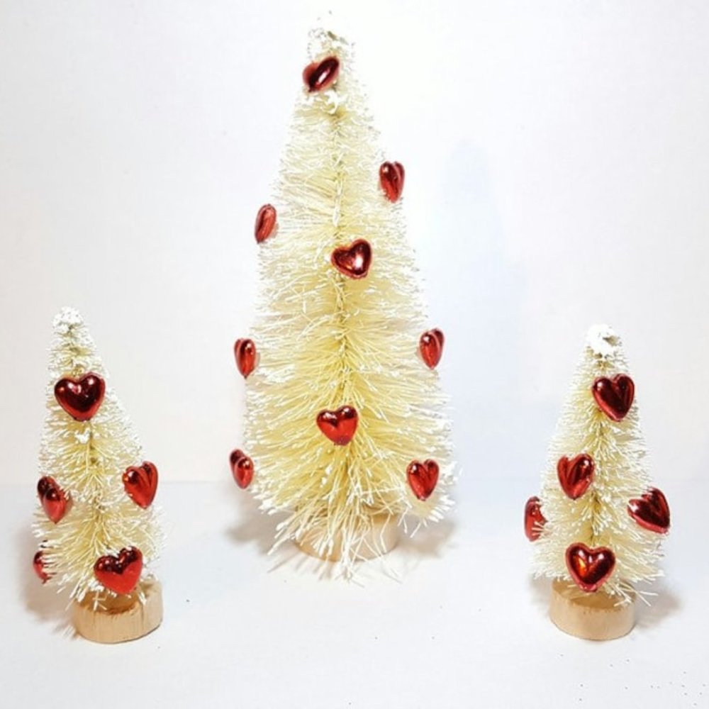 3pc 5" Valentines Day White & Red Hearts Mini Trees Decor Display Gift